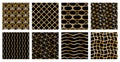 Set of eight gold geometric seamless patterns.